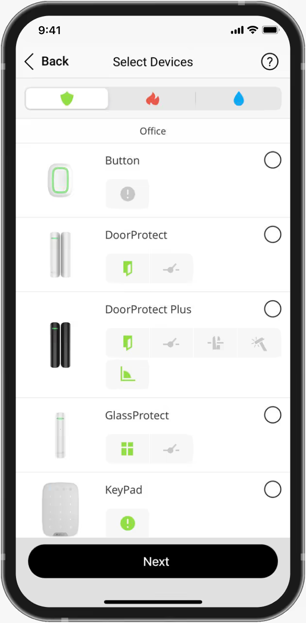 Ajax App Geräteauswahl mit Türkontakten, Glasbruchmelder und KeyPad