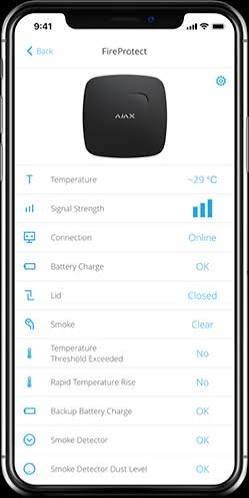 Ajax App Ansicht mit Statusinformationen eines FireProtect Rauchmelders